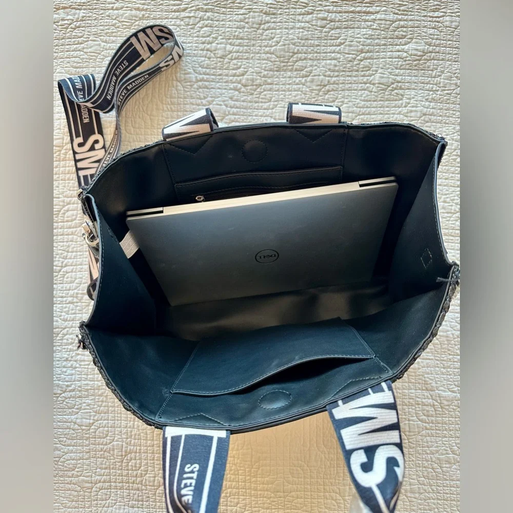 New Steve Madden Black Textured Tote Handbag with an Adjustable/Detachable Stap - Picture 7 of 7